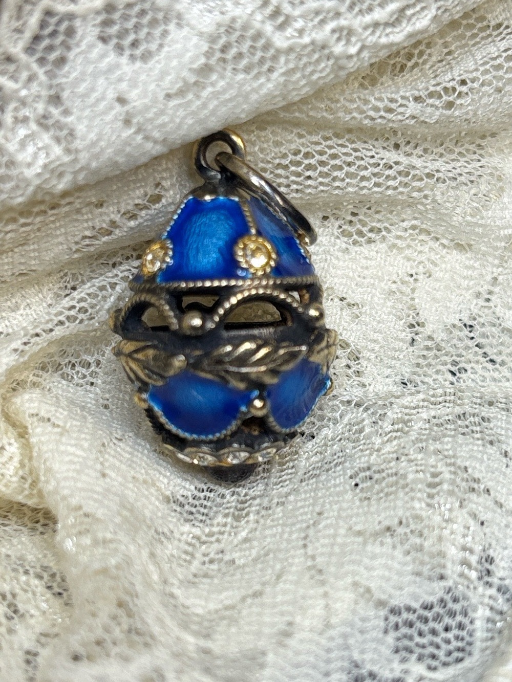 Blue Enamel 925 Silver Drop Pendant - Vintage-Style Russian Imperial Egg